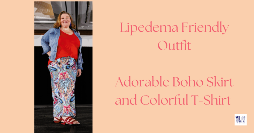 Lipedema friendly outfit: adorable boho skirt and colorful tshirt.