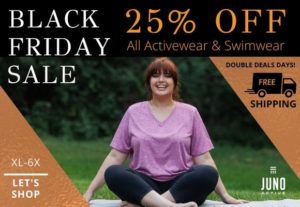 JunoActive plus size Black Friday Sale. Plus Size woman sitting outdoors on a yoga mat. She is smiling and wearing a v-neck short sleeve plus size shirt in pink and plus size capri yoga pants in black from JunoActive. 